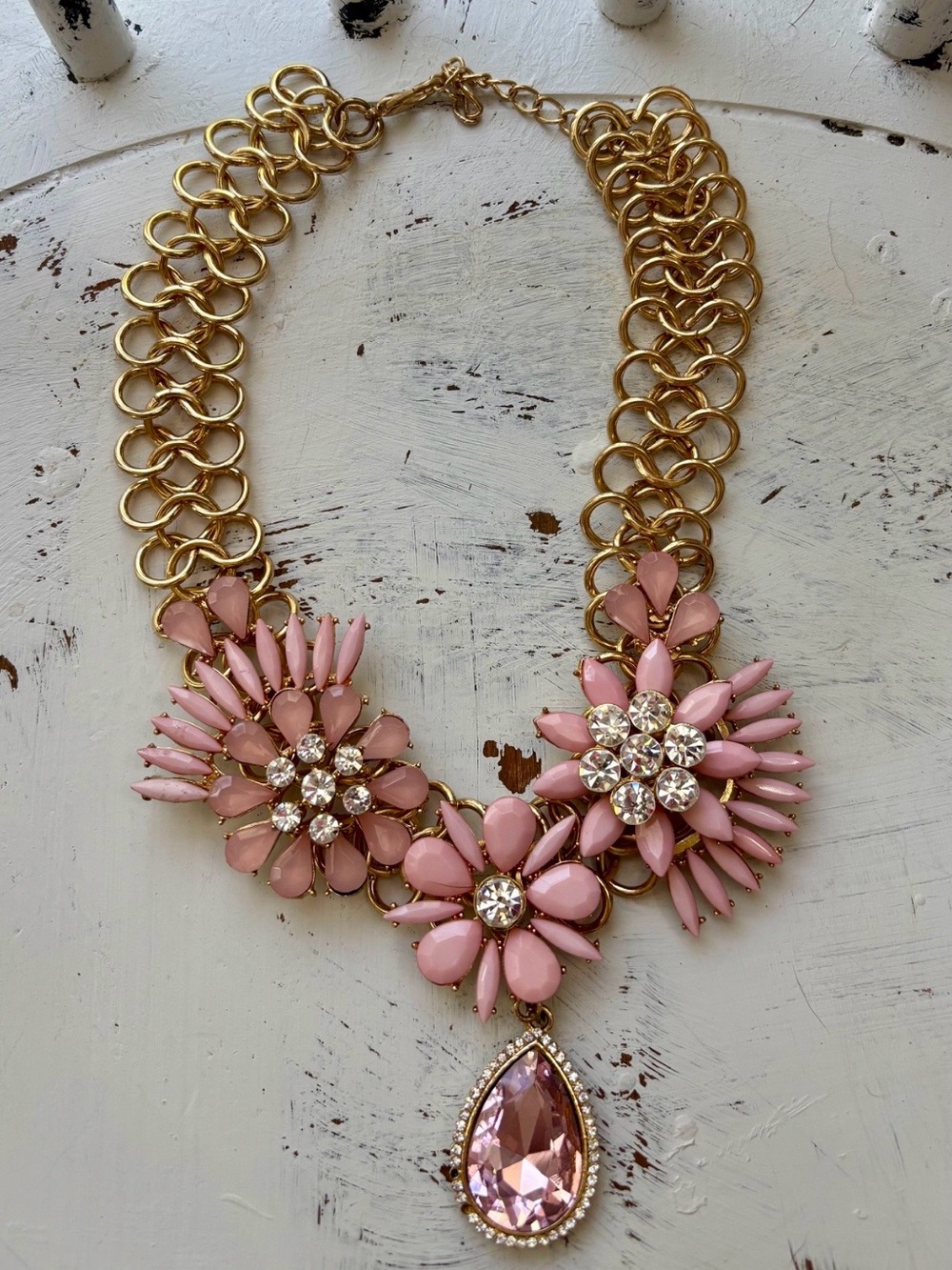 Vintage Pink Floral Statement Necklace with Teardrop Crystal Pendant